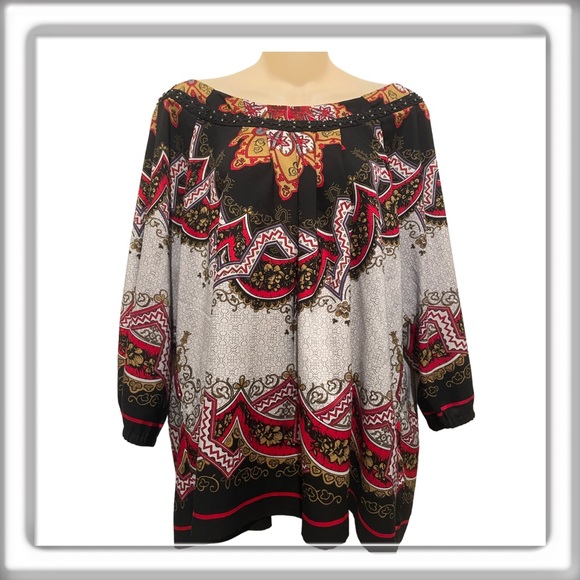 Nicole by Nicole Miller Top Aztec Print Beaded 3/4 Sleeve Lightweight Size 16 - Picture 1 of 10